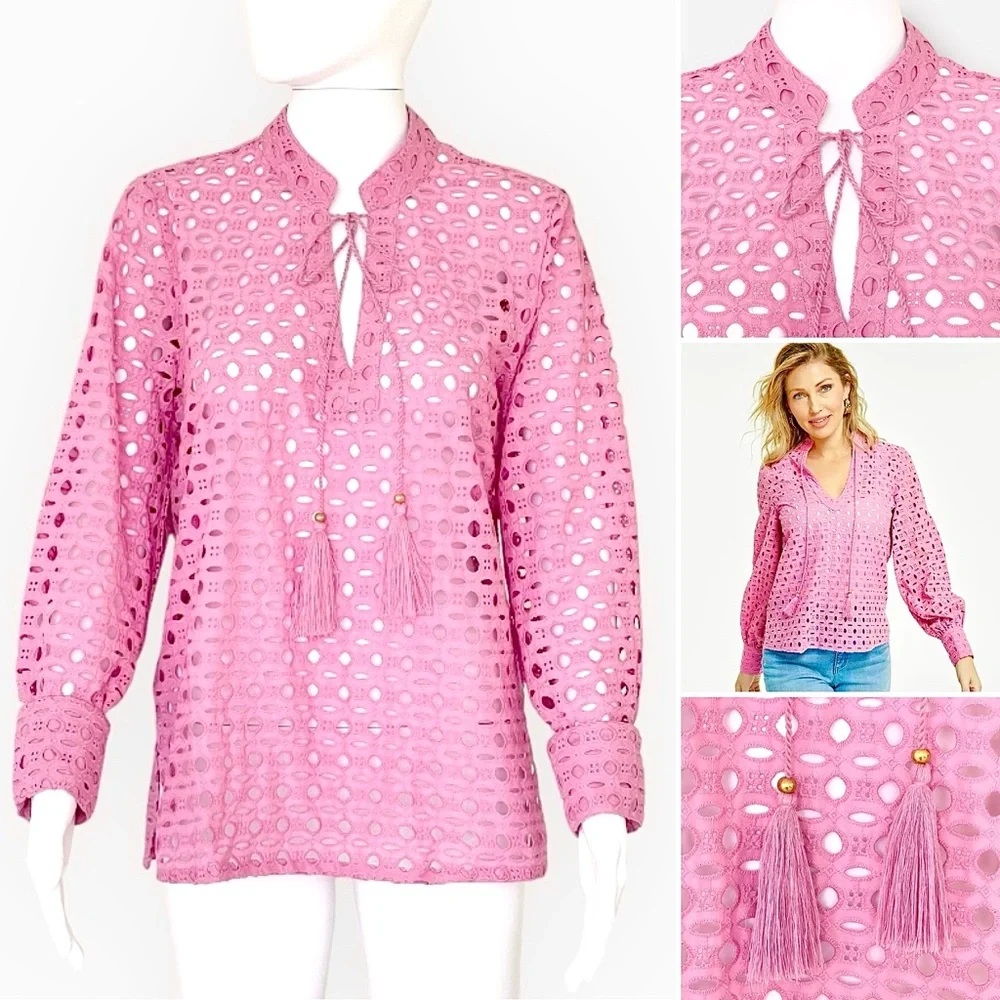 CALYPSO St. Barth Bohemian Linen Eyelet Embroidered Blouse Tie Neck 100% Cotton